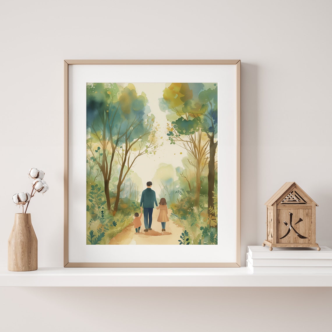 Dad Walking With His Kids On A Forest Path Watercolor Poster
