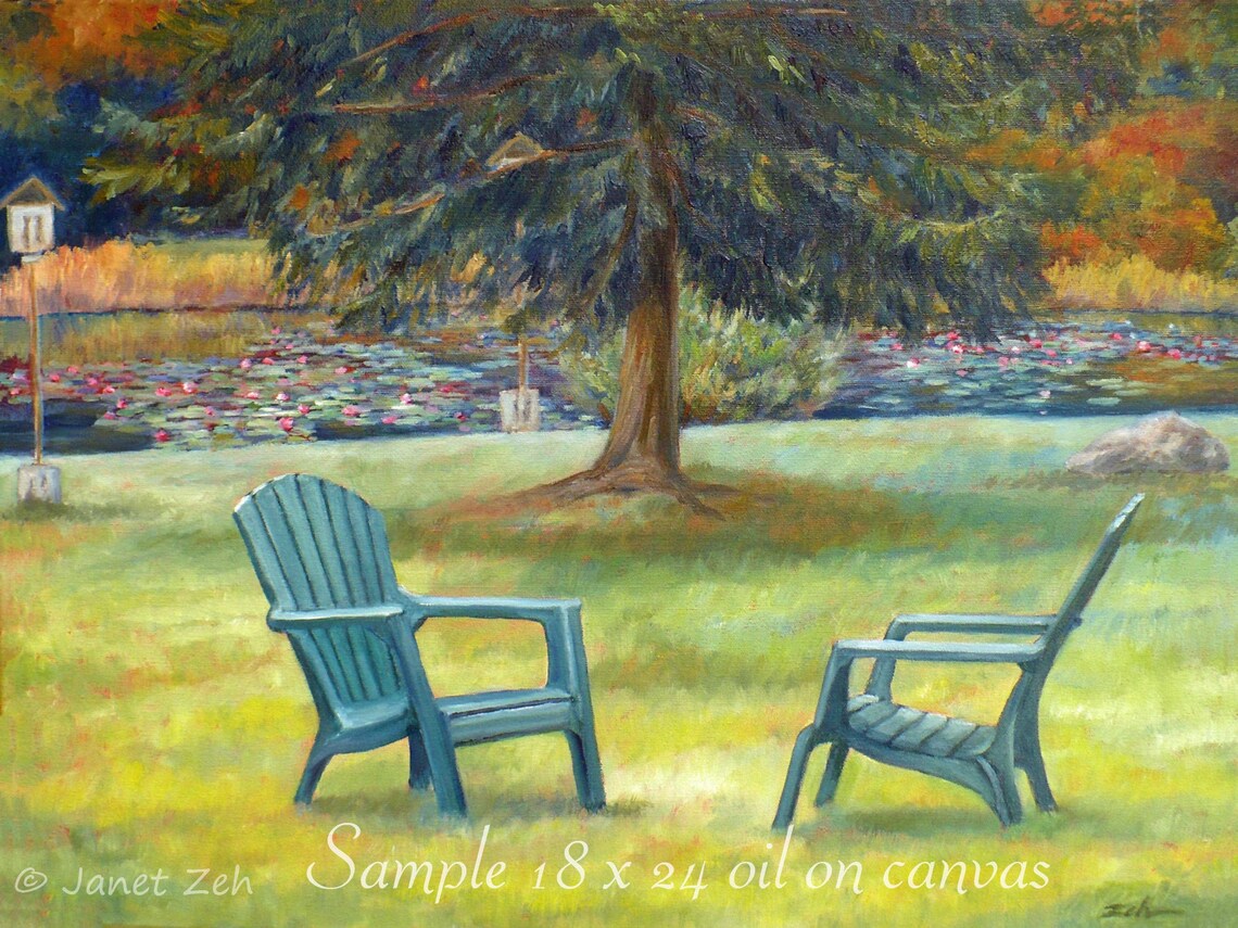 Adirondack Chairs By Lily Pad Lake Big Tree Oil Painting Art Poster
