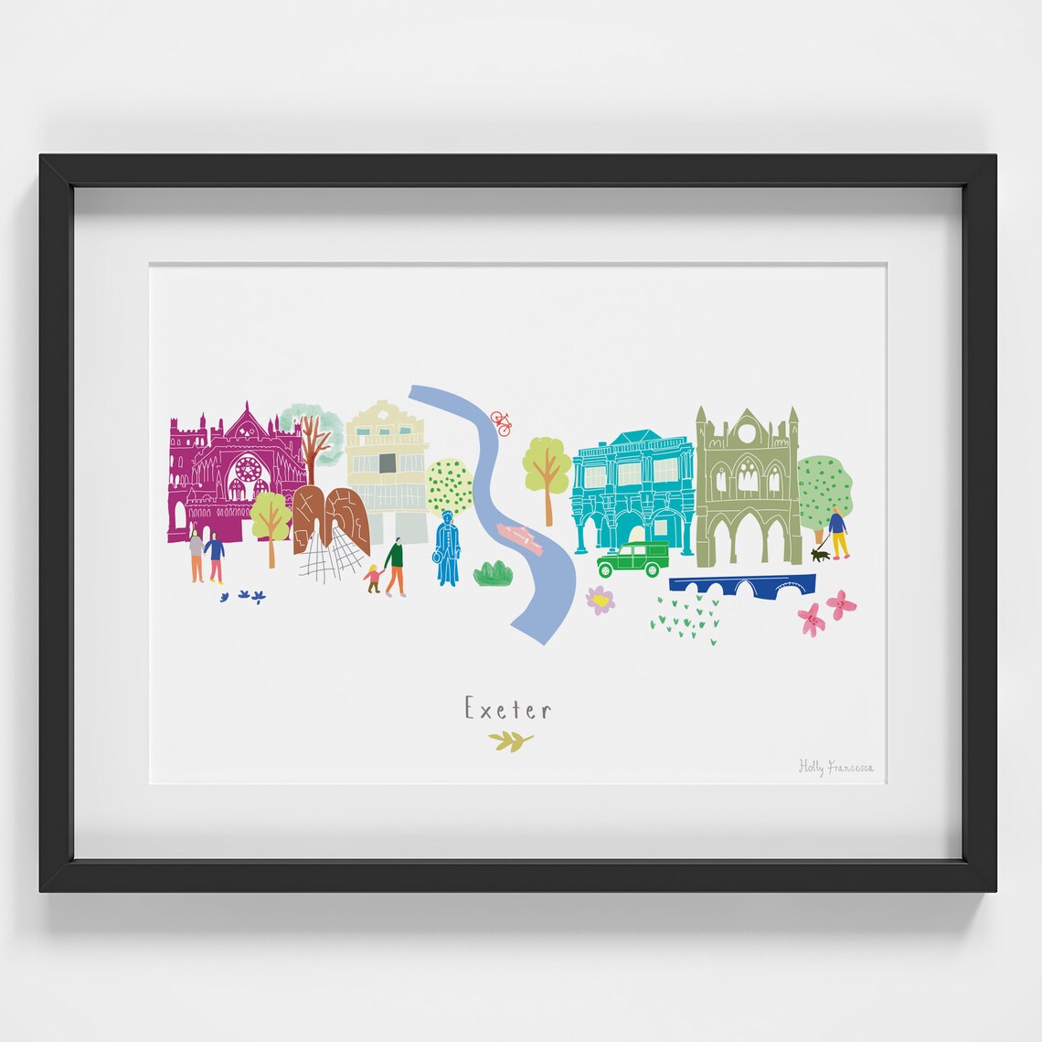 Exeter Skyline Cityscape Landmarks Art Print Devon South West England Travel Poster Illustration Gift