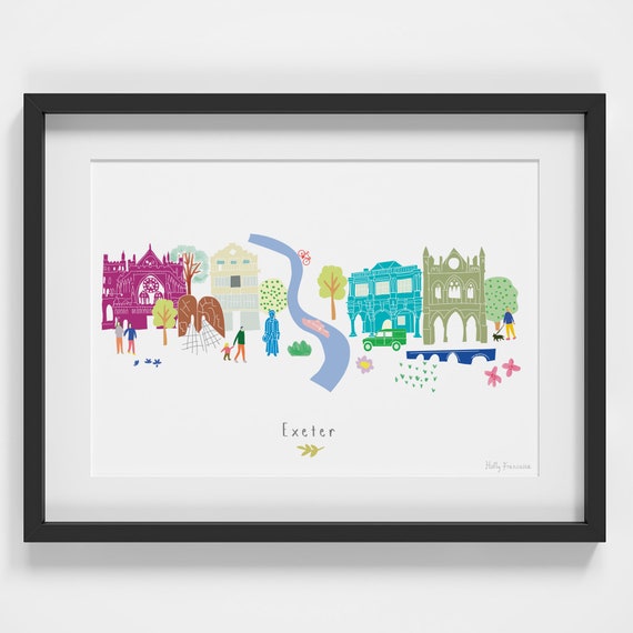 Exeter Skyline Cityscape Landmarks Art Print Devon South West England Travel Poster Illustration Gift