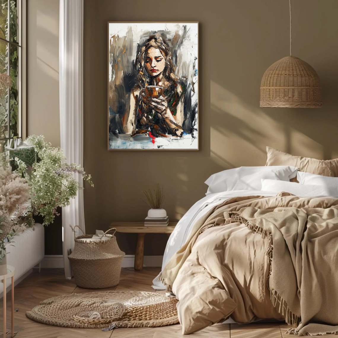 Woman Holding Coffee Cup Expressive Oil Painting Portrait Poster - Image 2