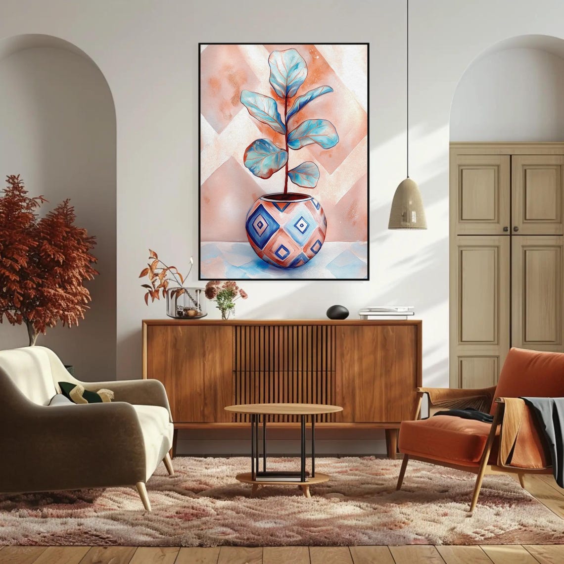 Fiddle Leaf Fig Plant in Colorful Patterned Vase Watercolor Poster