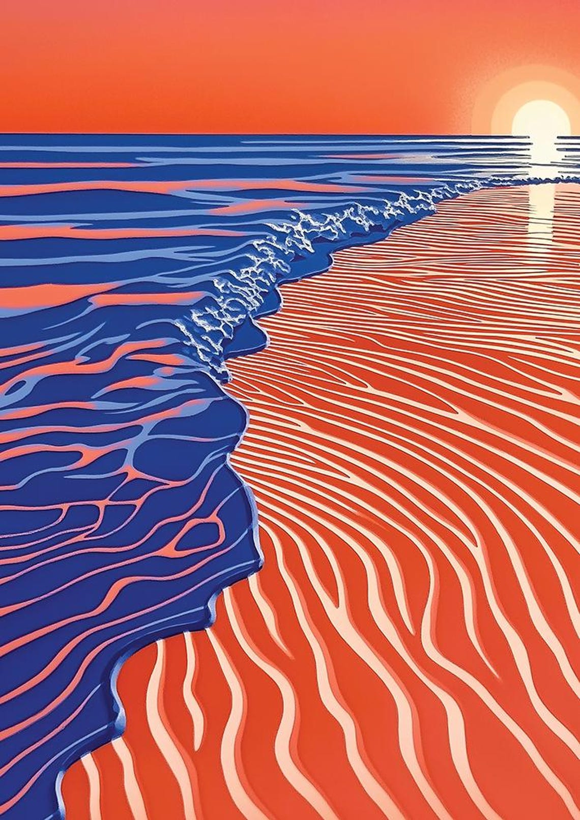 Retro Sunset Beach Orange Sand Blue Waves Stylized Art Poster - Image 4