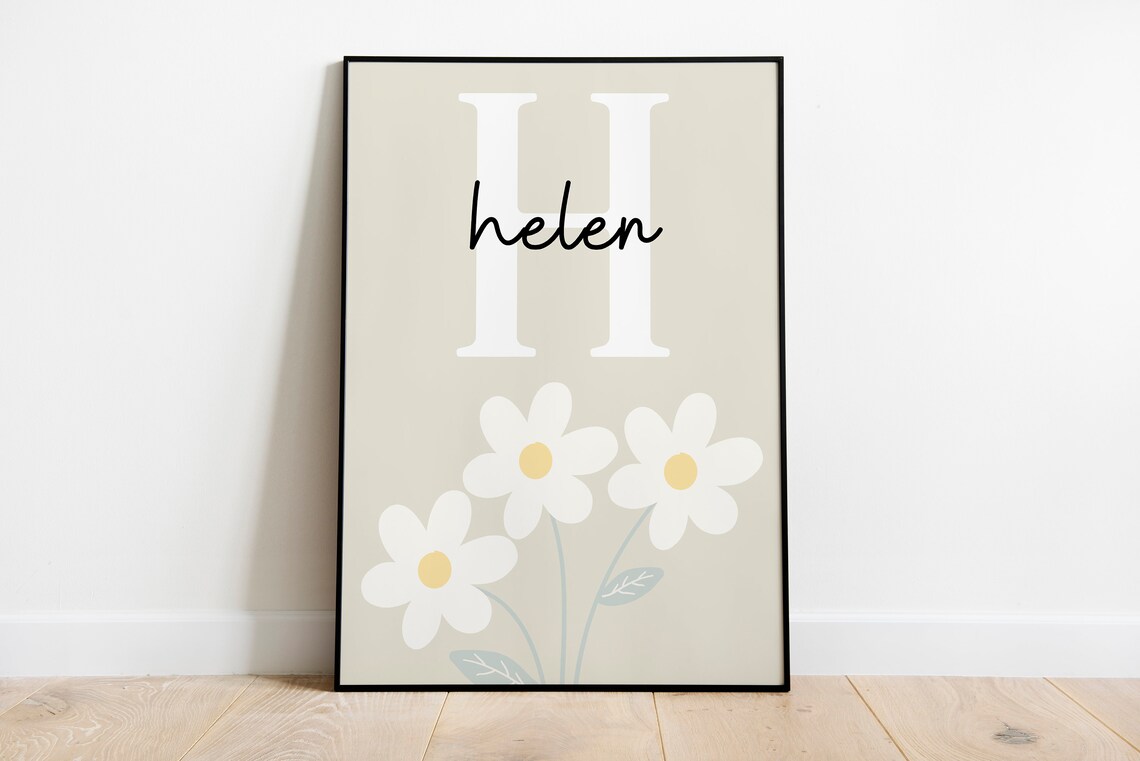 Personalized Daisy Nursery Name Poster Neutral Beige Floral Initial Art