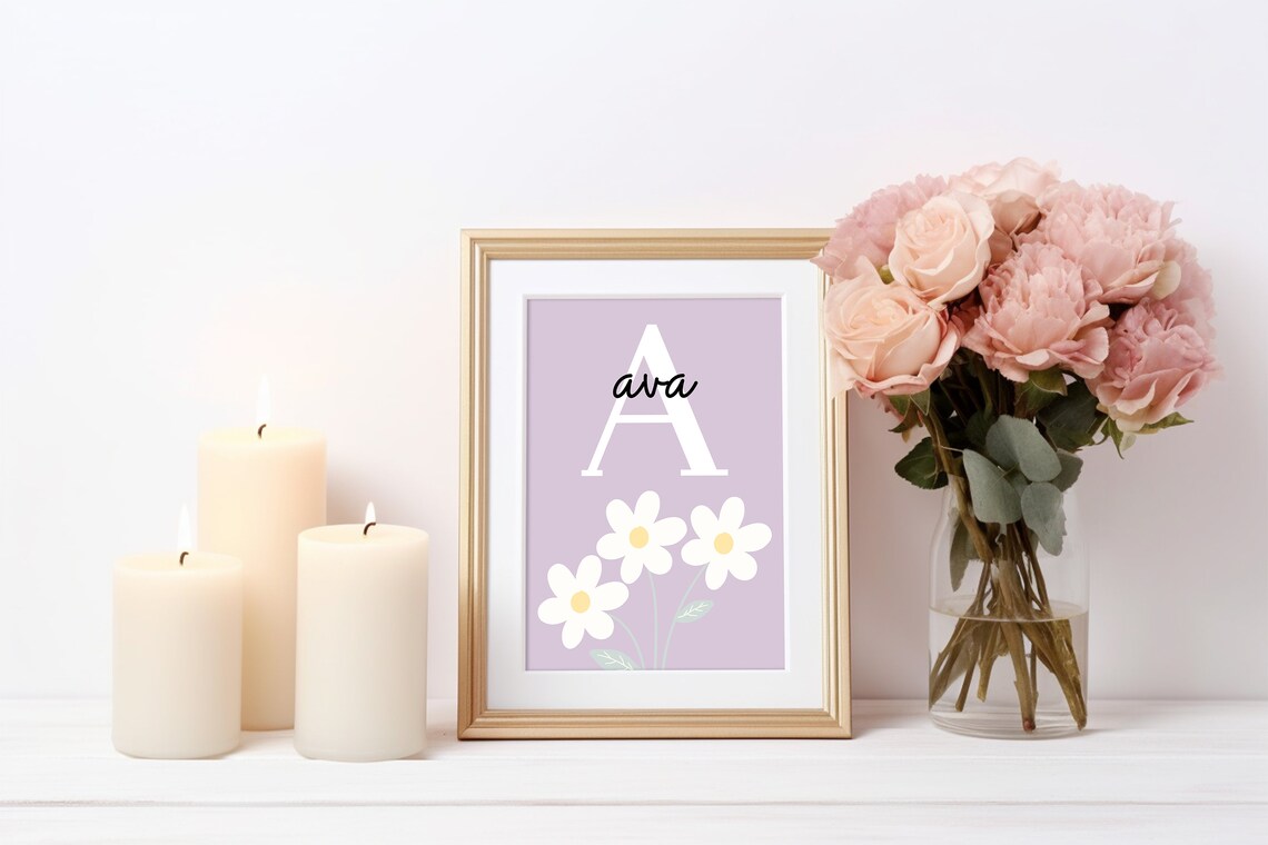 Personalized Daisy Nursery Name Poster Lilac Floral Initial Girls Room Art