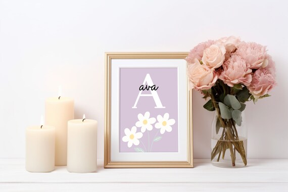 Personalized Daisy Nursery Name Poster Lilac Floral Initial Girls Room Art