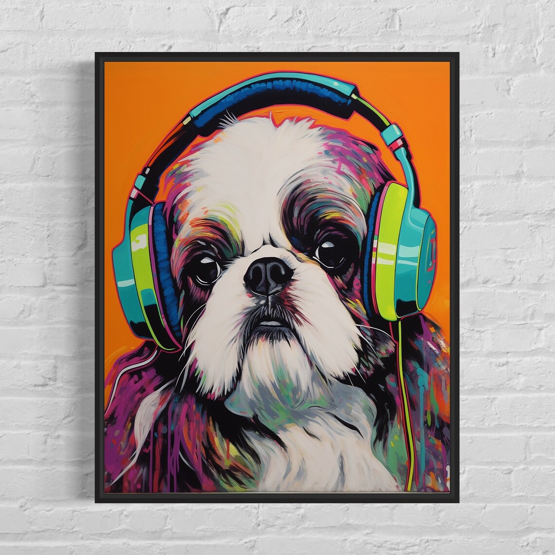 Shih Tzu Dog Wearing Bright Neon Headphones Pop Art Music Poster