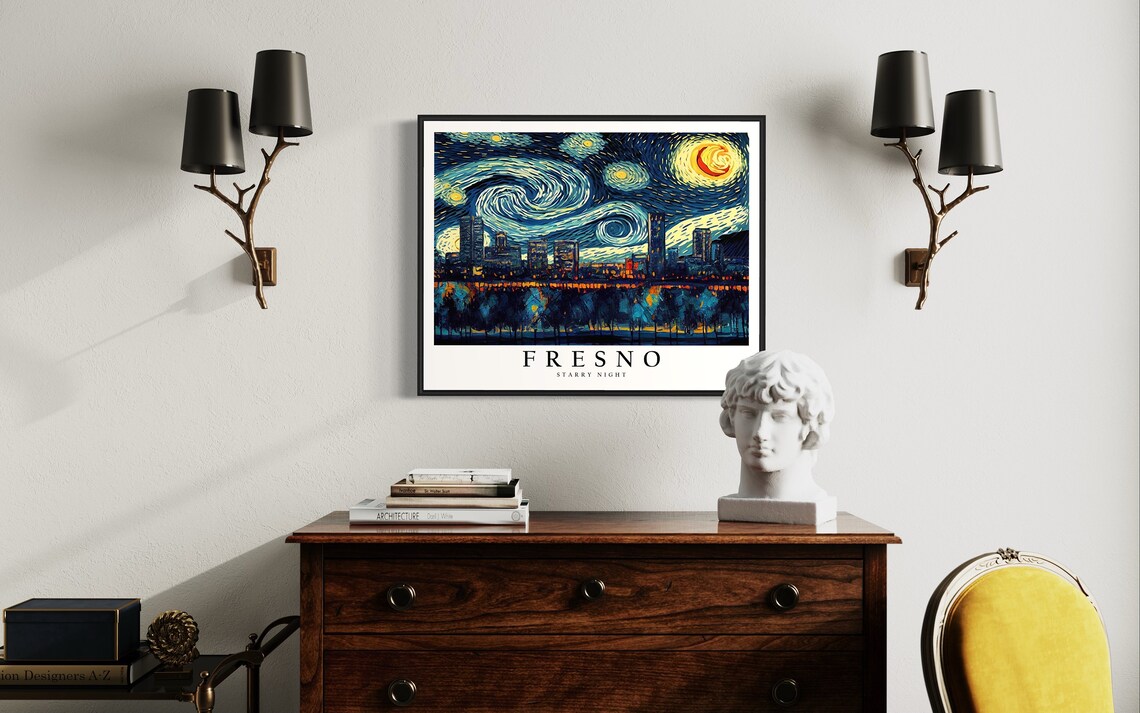 Fresno California Night Skyline Van Gogh Starry Night Poster - Image 4