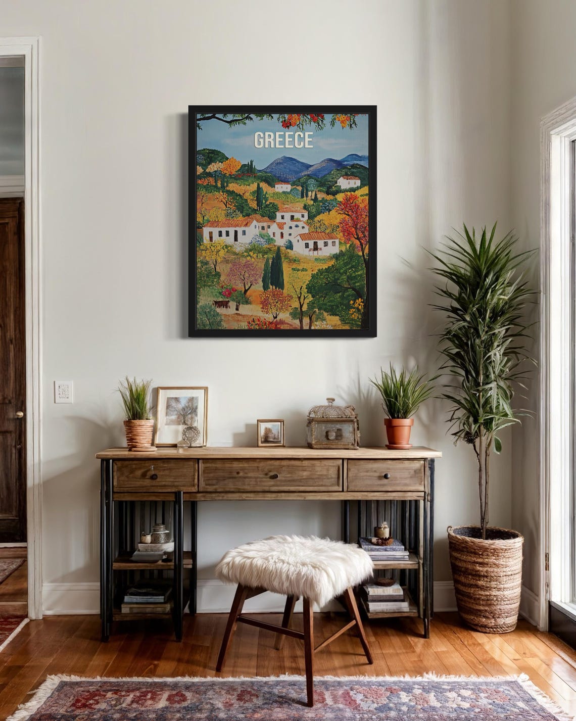 Greece Whitewashed Mountain Village Naive Folk Art Landscape Poster - Image 3