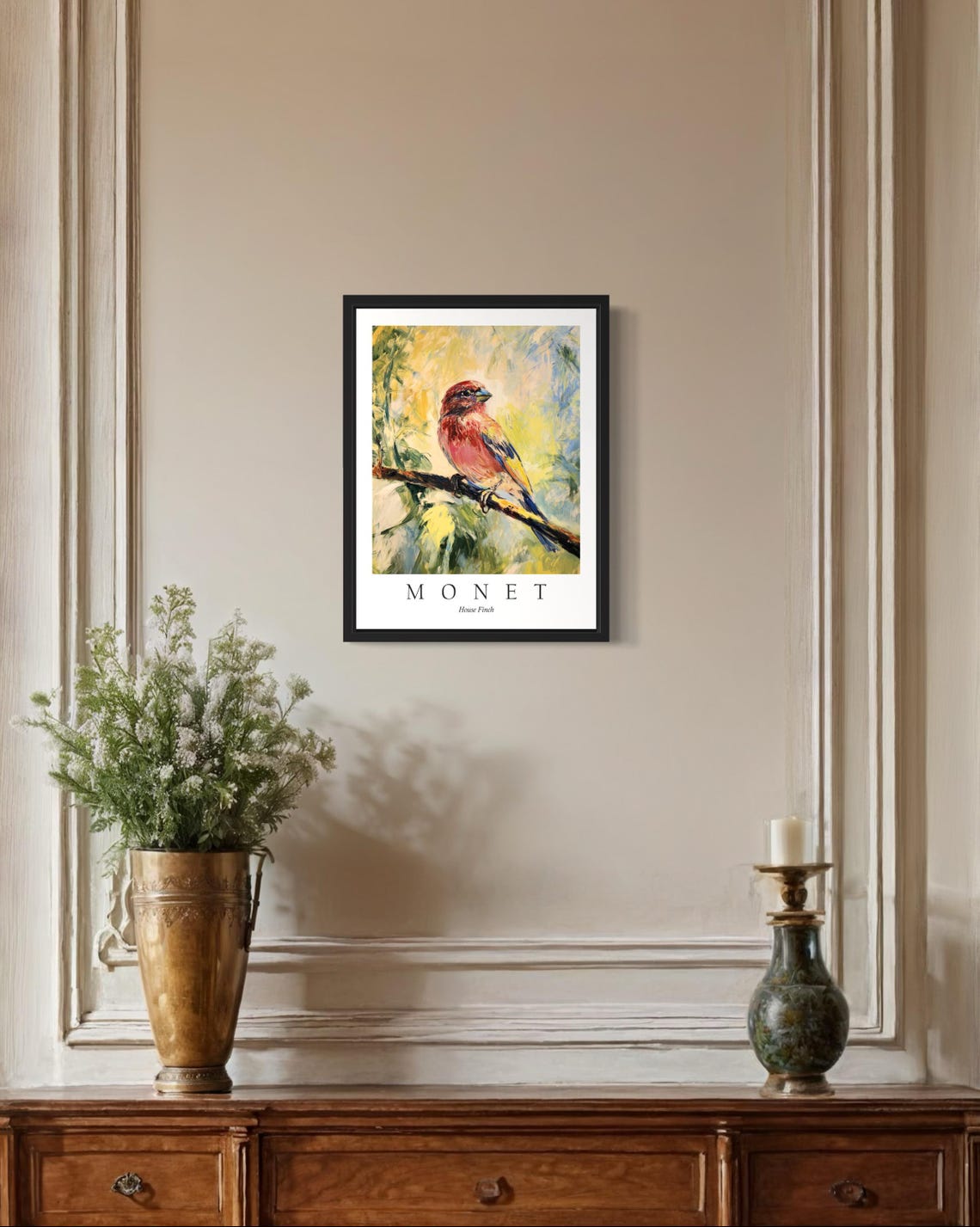 House Finch on Branch in Monet Style Impressionist Art Poster - Image 2