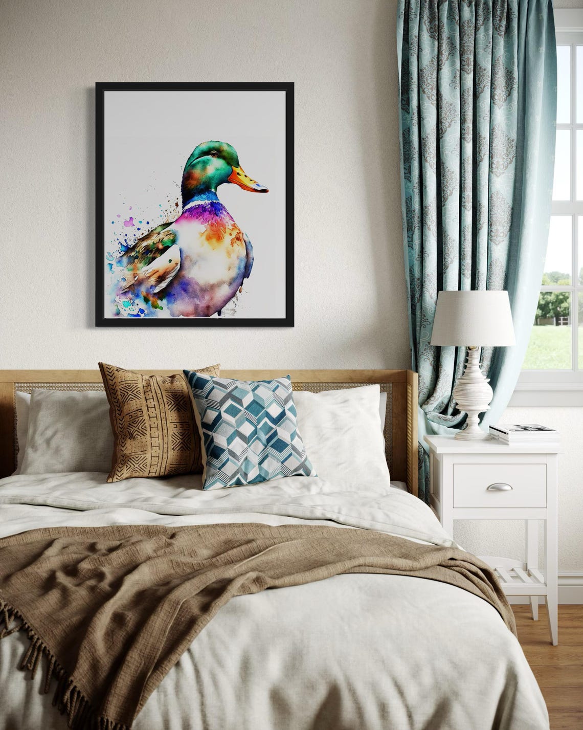 Mallard Duck Head In Colorful Watercolor Splash Style Poster - Image 4