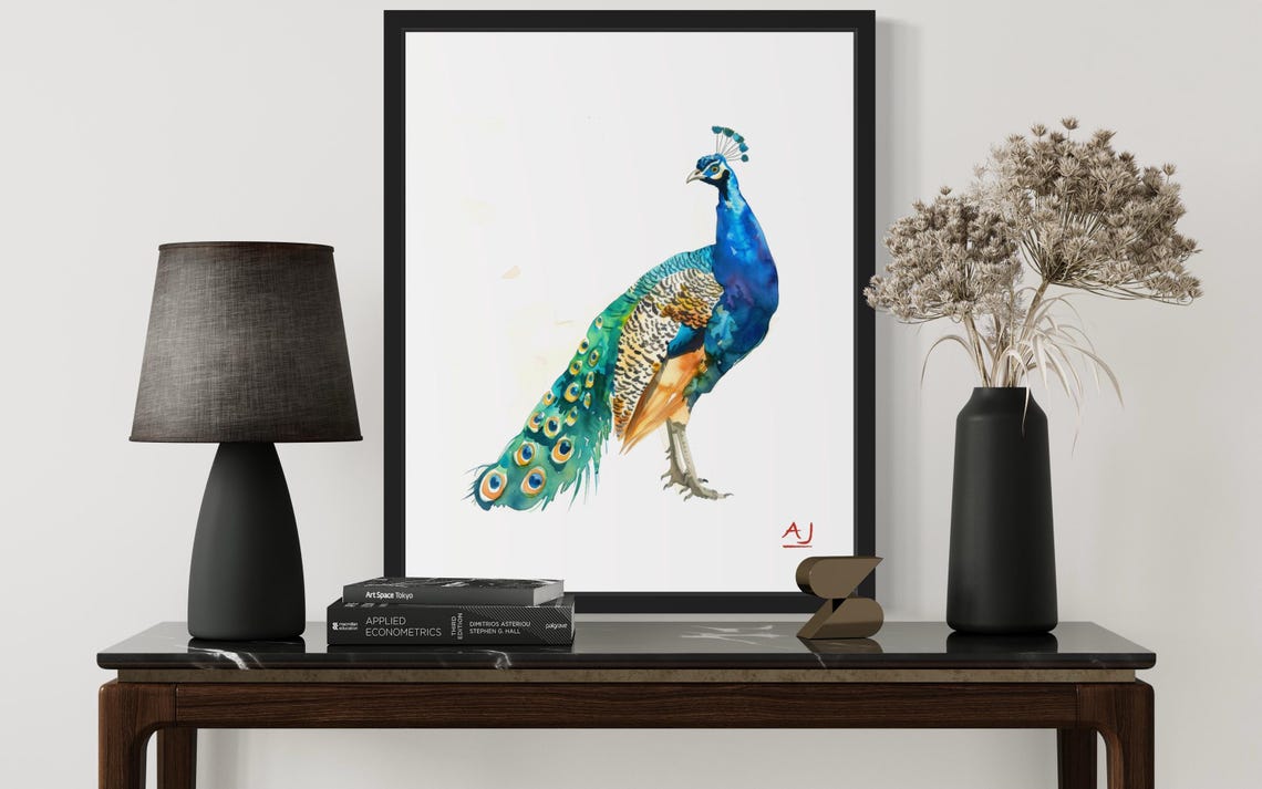 Peacock Displaying Iridescent Blue Green Tail Watercolor Poster - Image 2