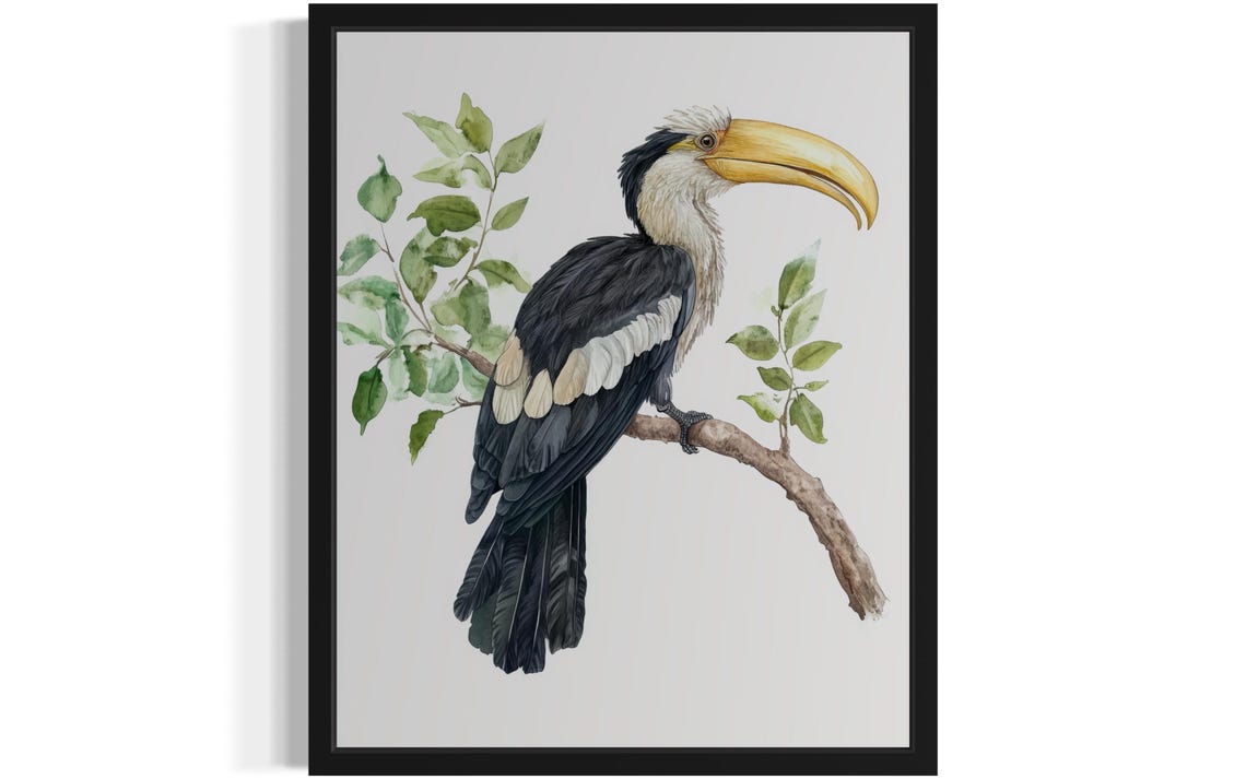 Hornbill with a Yellow Bill on a Leafy Branch Watercolor Poster