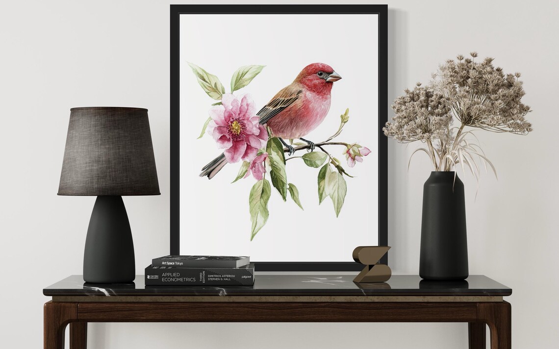 House Finch on a Flowering Branch Watercolor Songbird Poster - Image 3