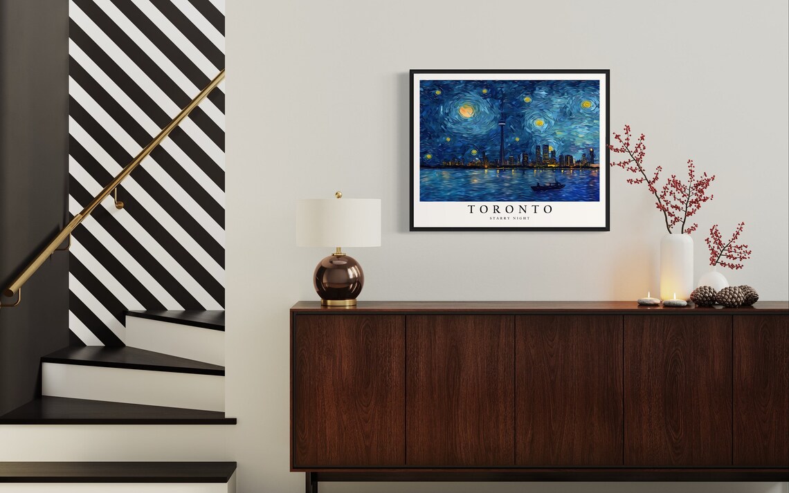 Toronto Starry Night CN Tower Harbor Water Moonlit Night View Art Poster - Image 4