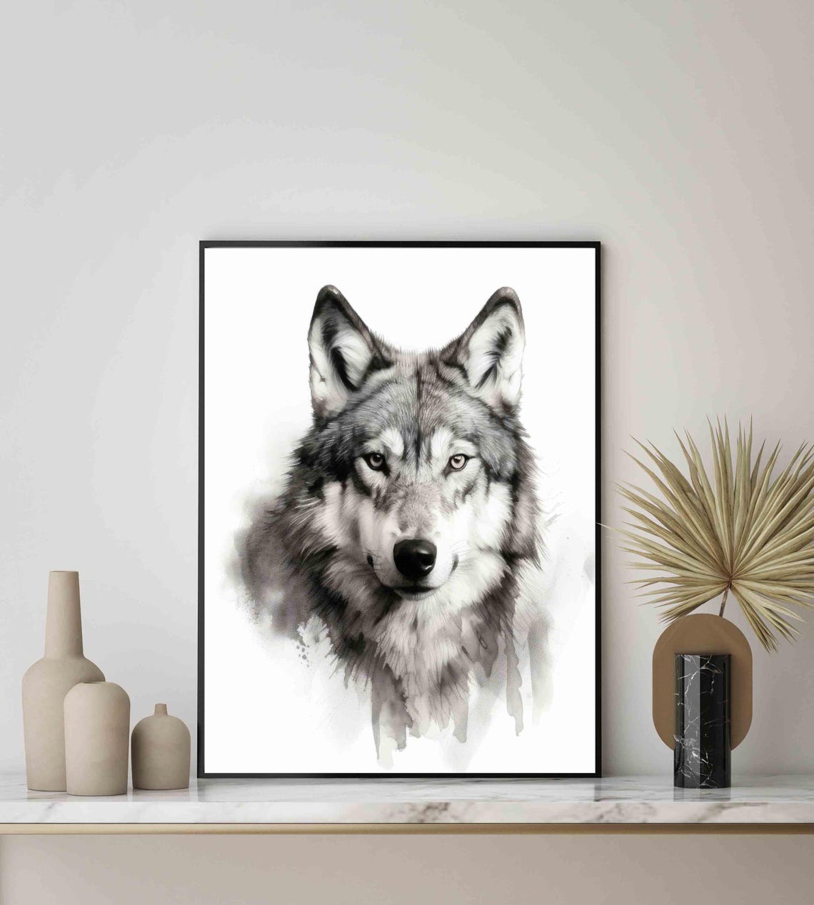 Wolf Black and White Watercolor Style Canine Portrait Poster - Image 4