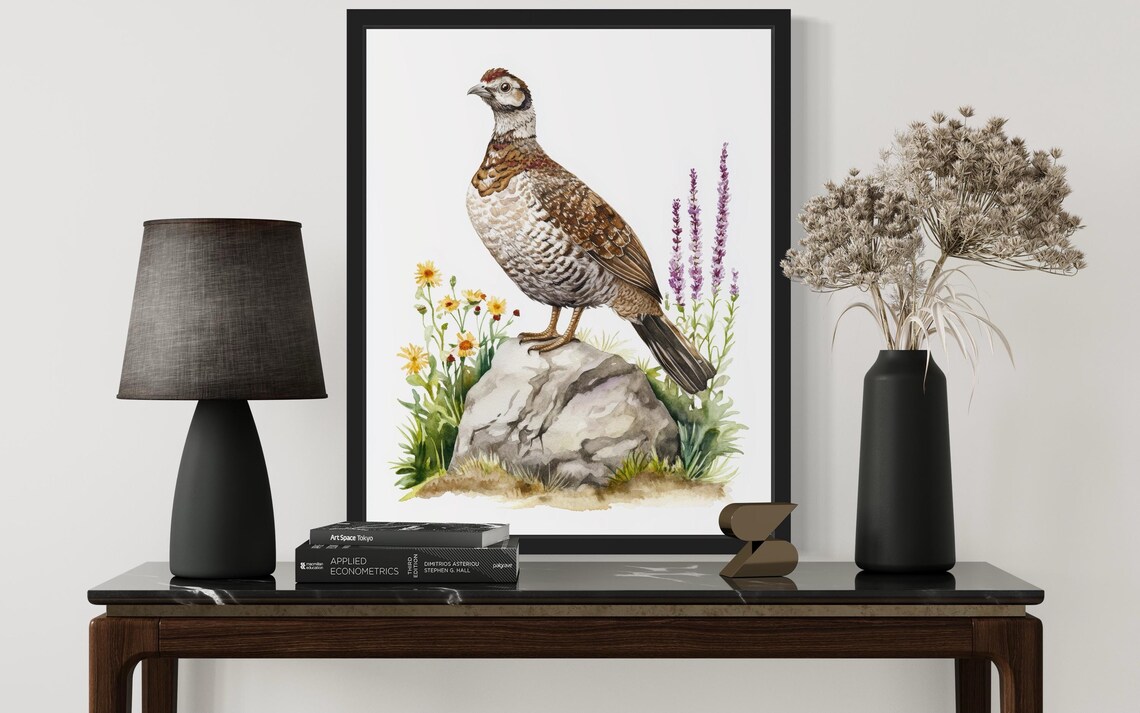 Grouse Standing on a Rock Amid Wildflowers Watercolor Bird Poster - Image 2