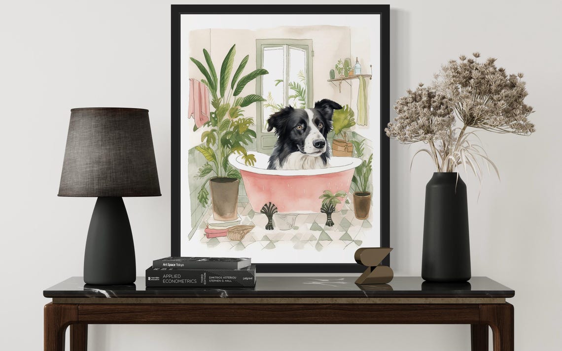 Border Collie Bath Time Pink Tub Botanical Bathroom Art Poster - Image 3