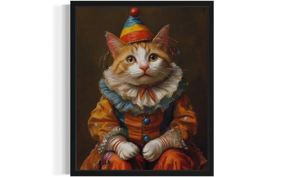 Ginger Cat Dressed As Clown With Party Hat And Ruffled Collar Poster