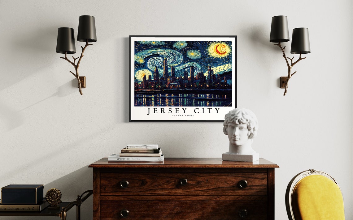 Jersey City Starry Night Skyline Water Reflection Night Poster - Image 4