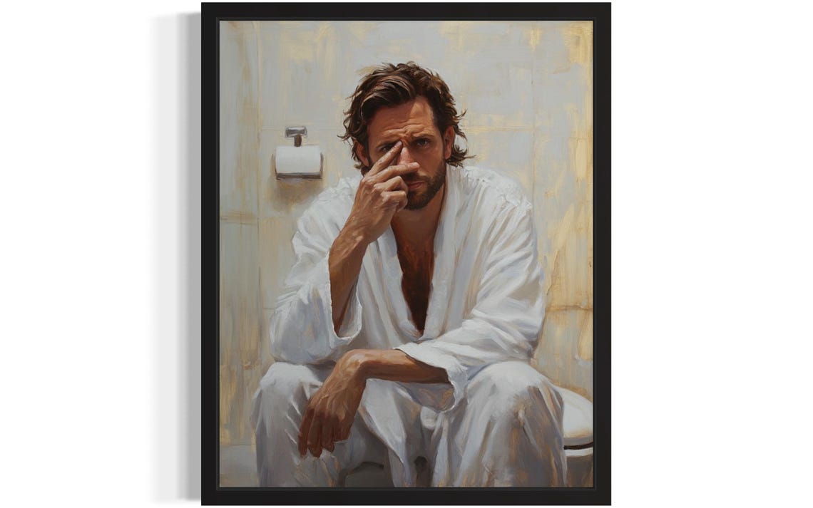 Bearded Man in White Robe Holding Nose by Toilet Paper Poster