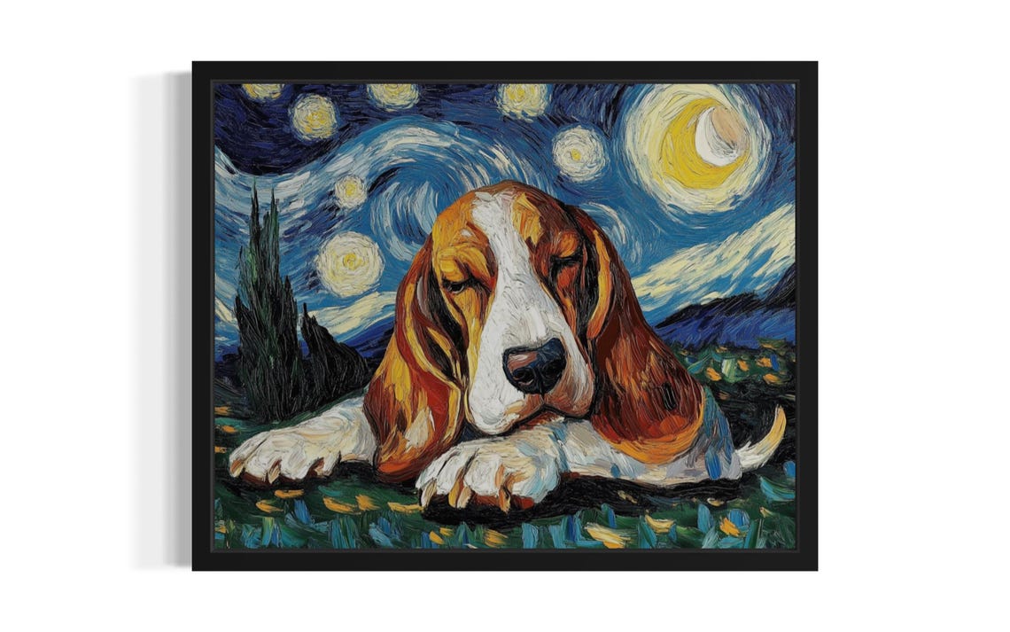 Sleeping Basset Hound Starry Night Van Gogh Dog Portrait Poster