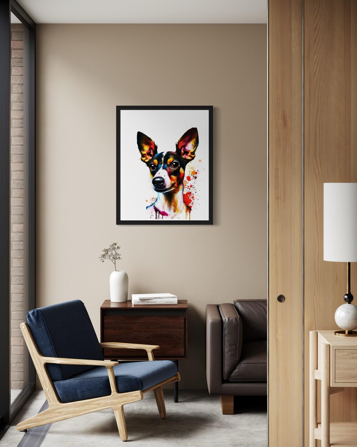 Alert Rat Terrier Dog Vibrant Rainbow Watercolor Portrait Poster - Image 2