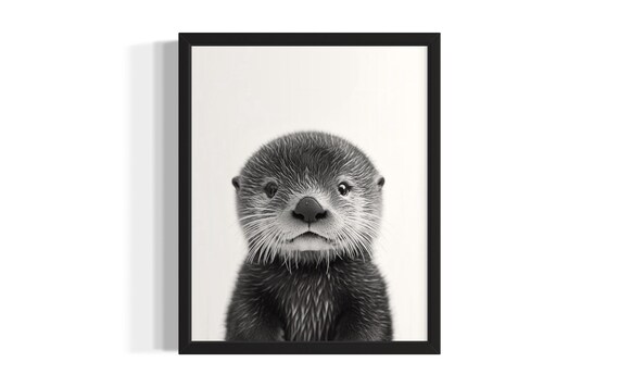 Cute Baby Sea Otter Black And White Minimalist Portrait Poster