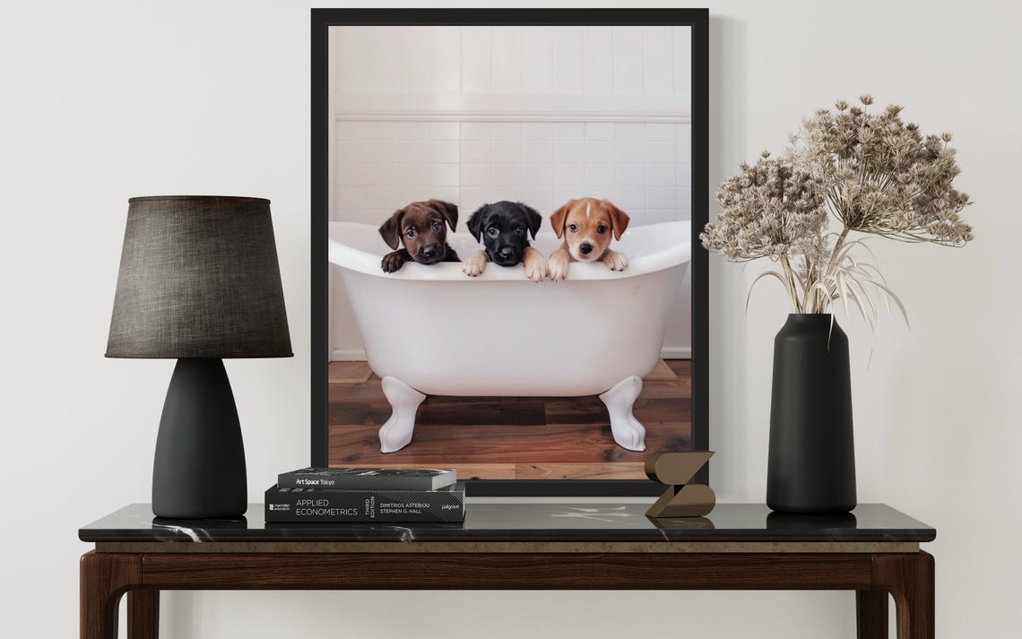 Three Puppies Peeking Over a White Clawfoot Bathtub Photo Poster - Image 2