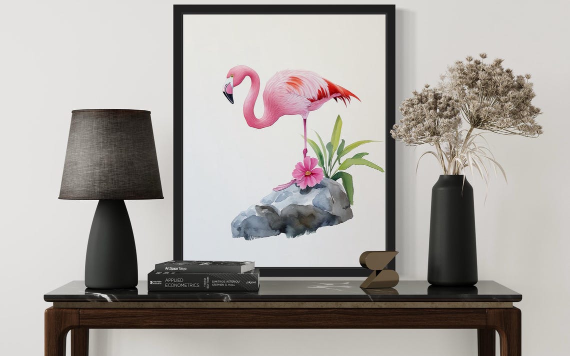 Pink Flamingo Standing on Stone with Flower Watercolor Poster - Image 2