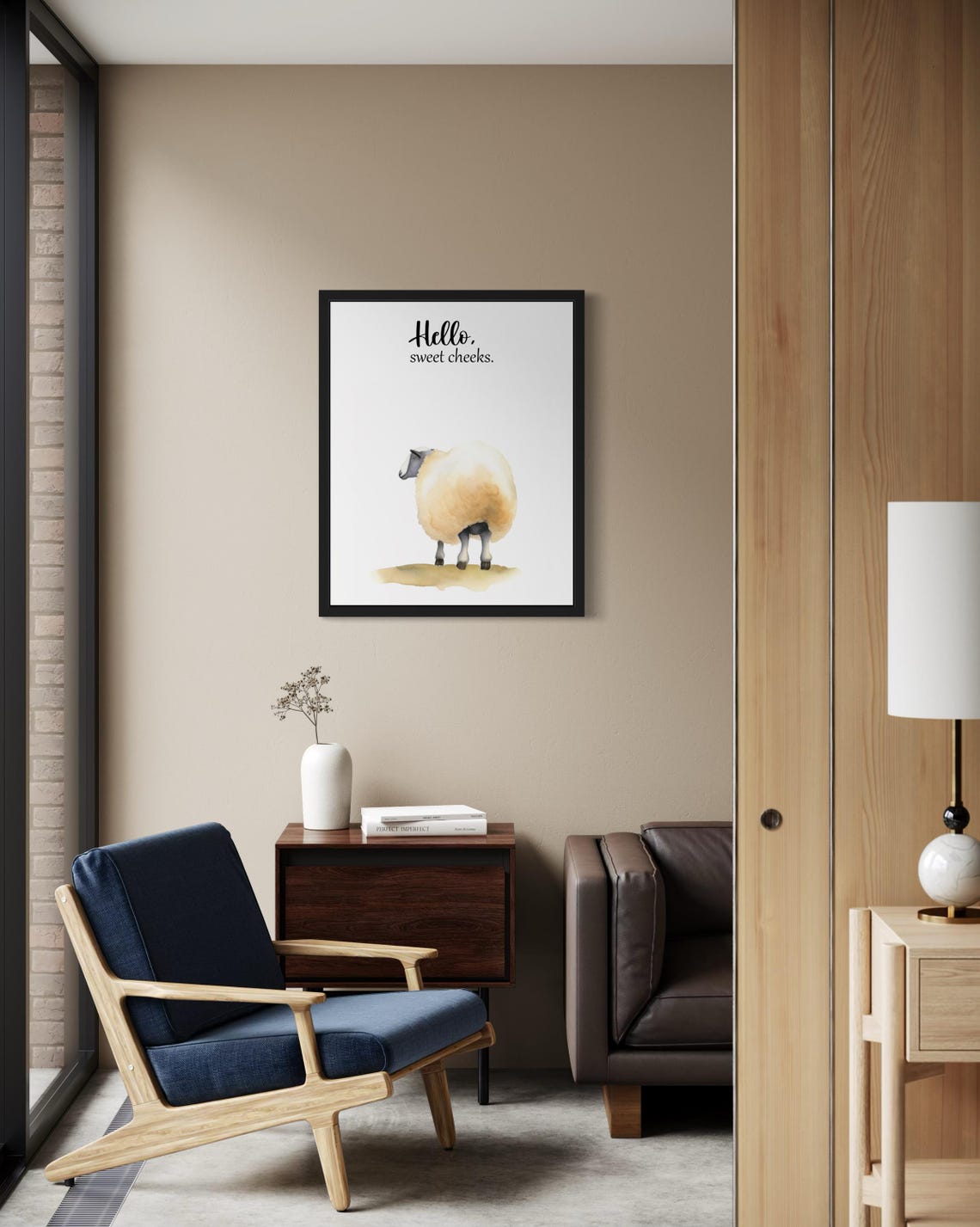 Hello Sweet Cheeks Fluffy Sheep Watercolor Bathroom Humor Poster - Image 2
