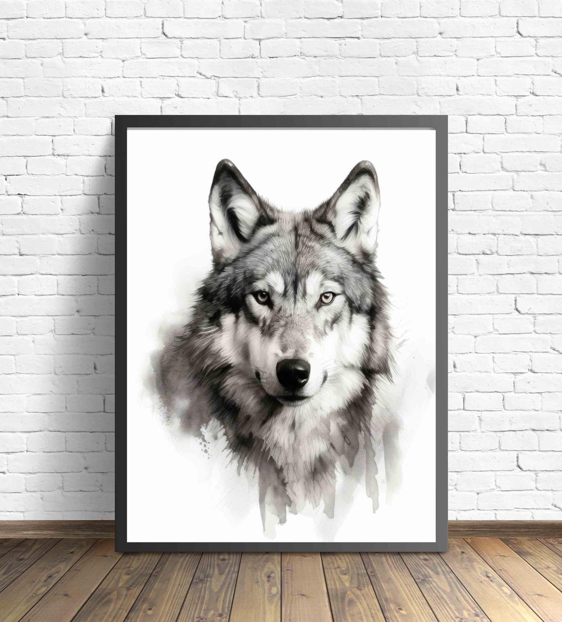 Wolf Black and White Watercolor Style Canine Portrait Poster - Image 2