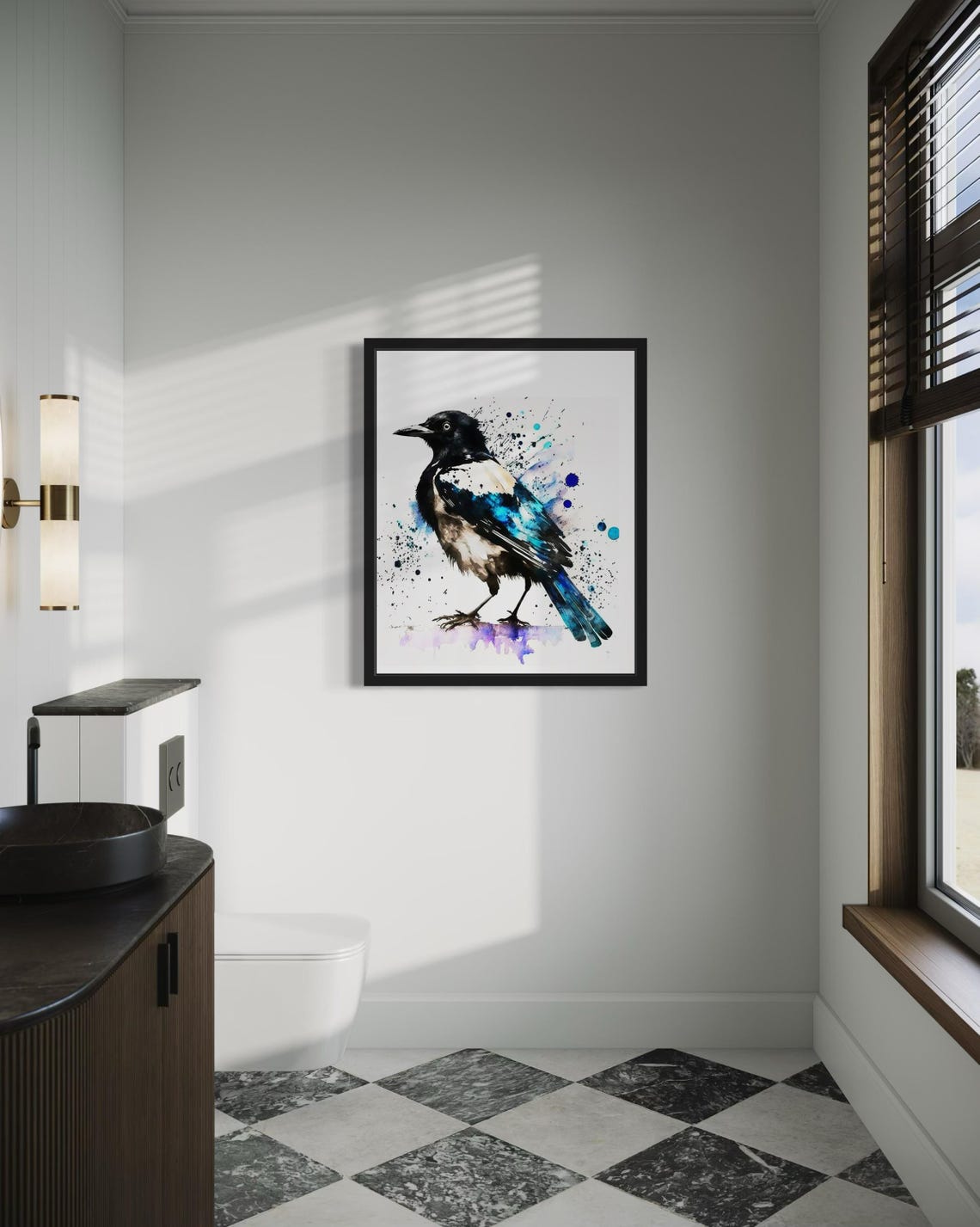 Magpie Perched In Blue Black Watercolor Splash Style Bird Poster - Image 3