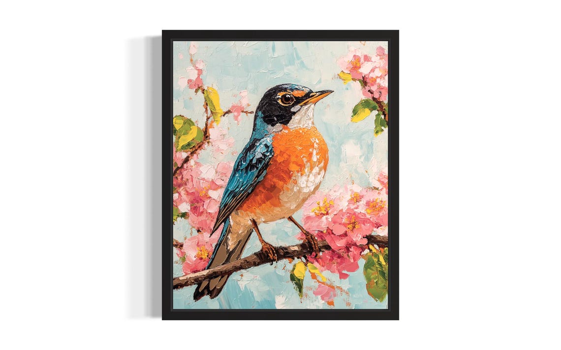 Robin on Pink Blossom Branch Spring Oil Painting Bird Art Poster