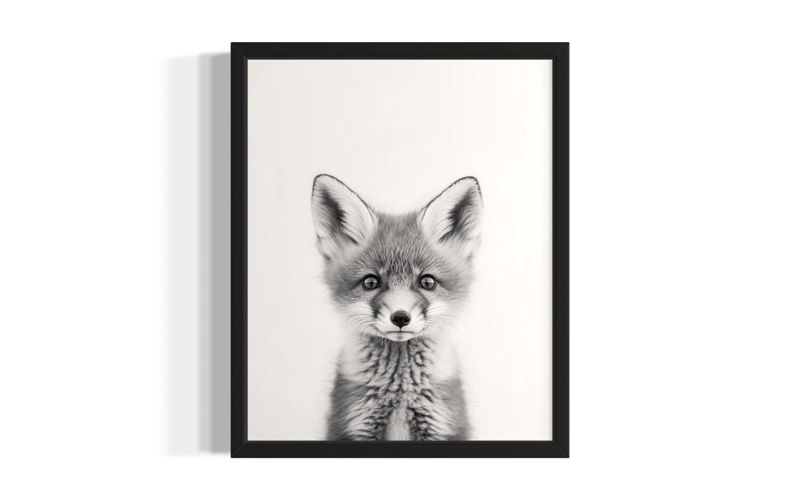 Cute Baby Red Fox Black And White Minimalist Portrait Poster