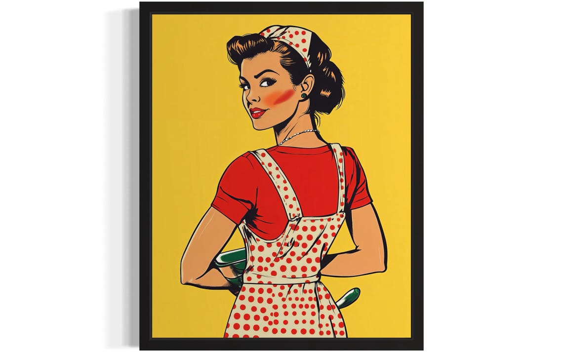Retro Pop Art Housewife in Polka Dot Apron on Bright Yellow Poster