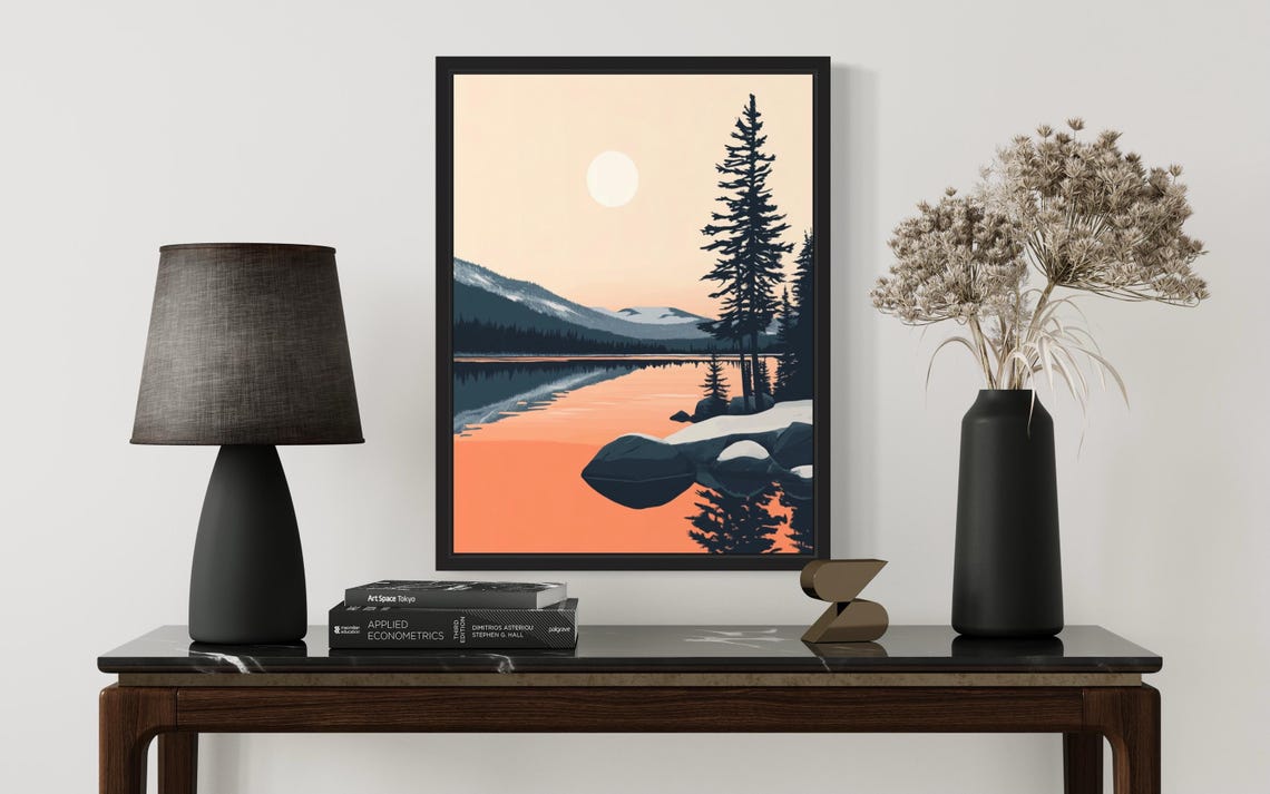 Tahoe Basin Glowing Sunset Lake Reflection Tranquil Boho Art Poster - Image 2
