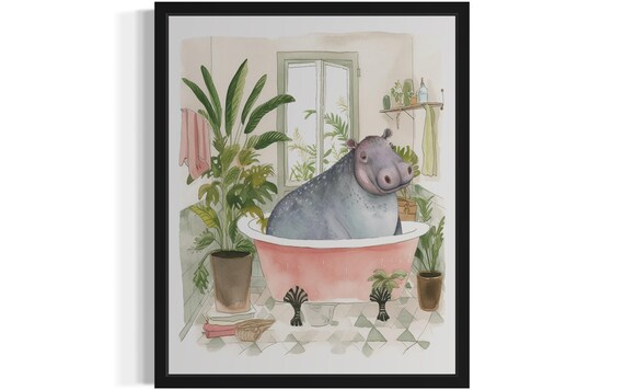 Smiling Hippo Relaxing in a Pink Clawfoot Bathtub Whimsical Art Poster