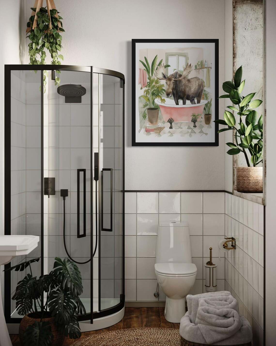 Moose Standing in a Pink Bathtub Funny Watercolor Bathroom Poster - Image 3