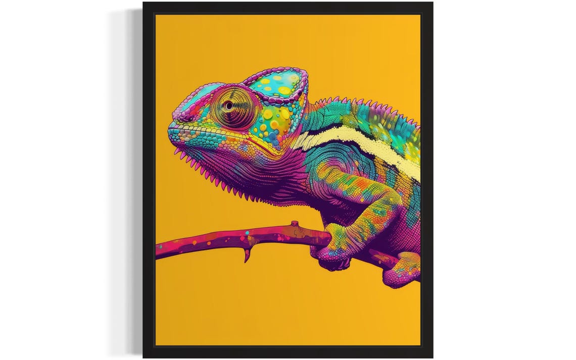 Colorful Chameleon on a Branch Against a Yellow Pop Art Poster