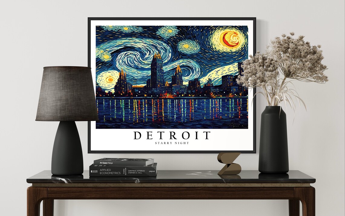 Detroit Michigan Starry Night Skyline Riverfront Night Glow City Art Poster - Image 3