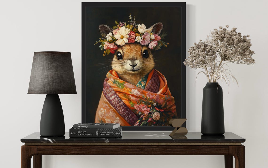 Numbat Wearing Flower Crown and Orange Kimono Fine Art Decor Poster - Image 2