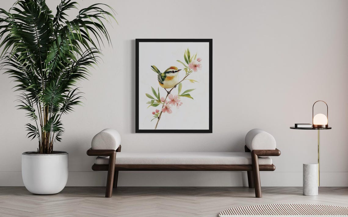 Common Firecrest on Pink Blossom Branch Watercolor Bird Poster - Image 3