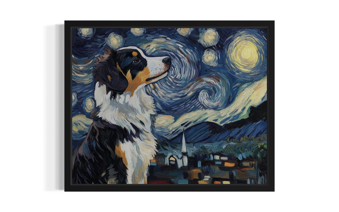 Australian Shepherd Starry Night Van Gogh Dog Portrait Poster