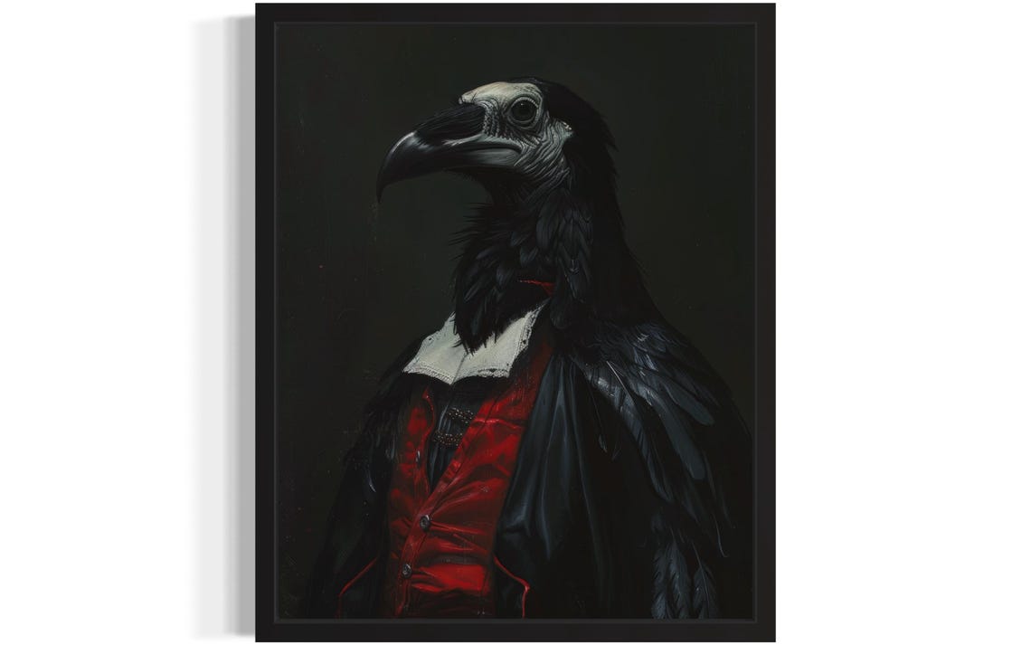Crow Vampire Portrait Gothic Victorian Red Waistcoat Art Poster