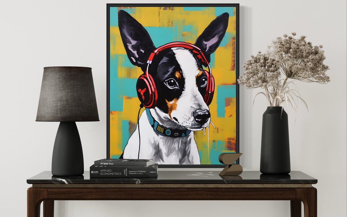 Rat Terrier Dog Wearing Red Headphones Color Pop Music Art Poster - Image 3