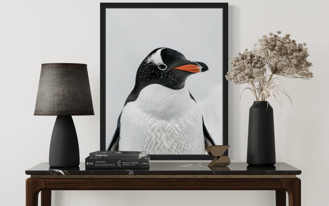 Elegant Gentoo Penguin Portrait on Gray Background Photo Poster - Image 2