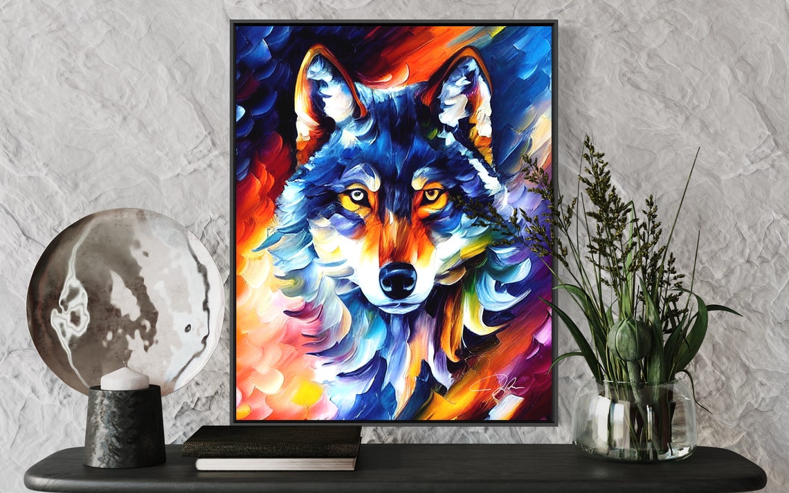 Vibrant Colorful Wolf Portrait Impasto Oil Painting Art Poster