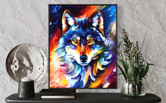 Vibrant Colorful Wolf Portrait Impasto Oil Painting Art Poster