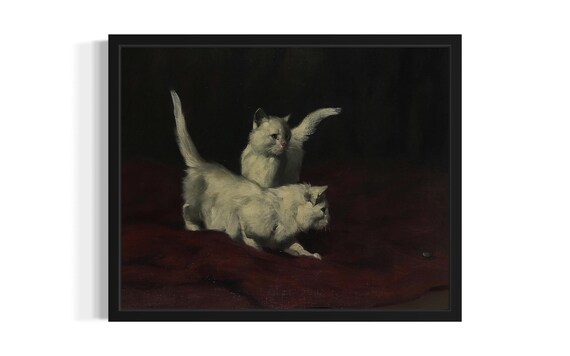 Two White Kittens Playing On Dark Red Velvet Vintage Style Poster